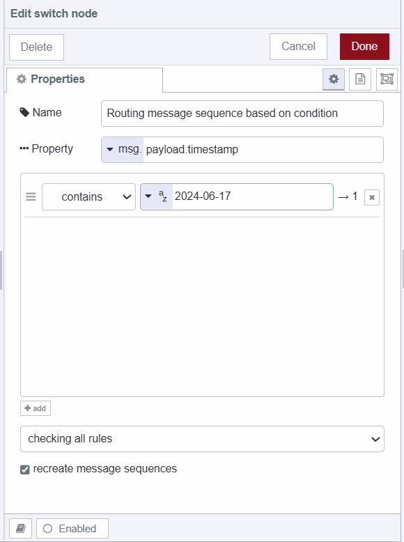 "Screenshot of switch node filtering data bases on timestamp"